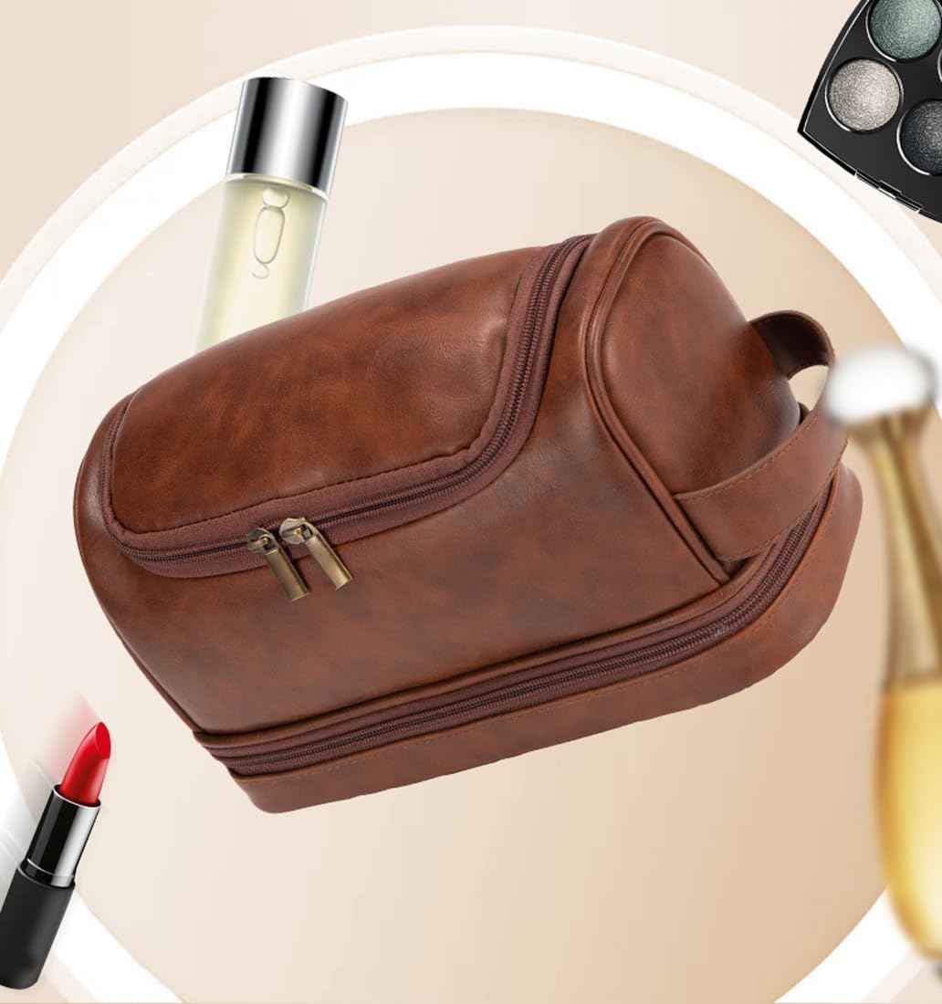 RC ROCKCOW Toiletry Bag for Men Leather Travel Organizer Shaving Dopp Kit with hanging hook, Large Water-resistant Toiletries Bathroom Shaving Bags for Women
