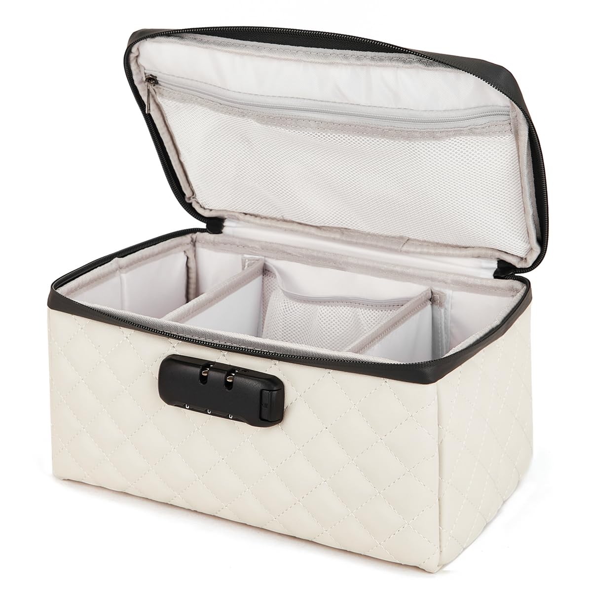 KaAutoler Portable makeup box with Lock, Large Capacity Travel Makeup Case Organizer, Makeup Bags for Girls Traveling With Handle and Divider Makeup Bag (off-white)