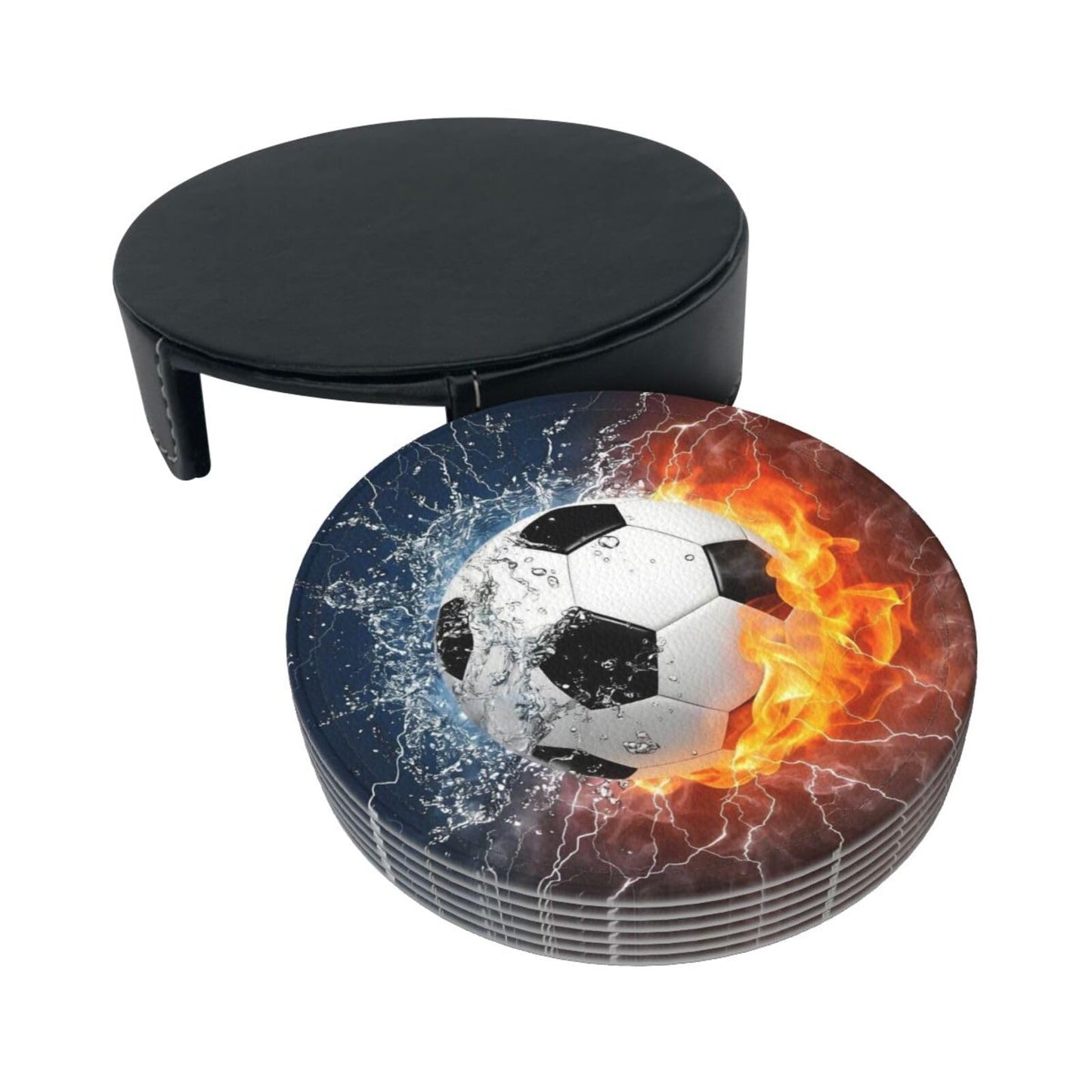 BOXIMIAO Drink Coasters with Holder Stand Set of 6, Soccer Fire Water Pu Leather Absorbent Coasters with Cork Base Table Coaster Round Coasters for Housewarming Apartment Kitchen Bar Decor