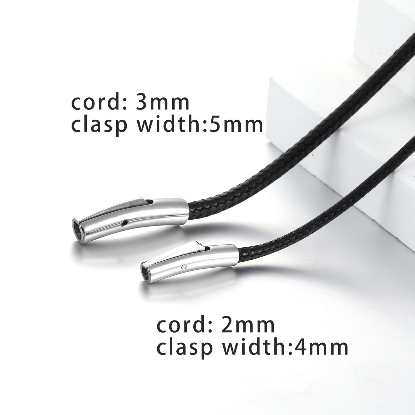 SKQIR 3mm Black Waterproof Braided Leather Cord Necklace with Durable Stainless Steel Snap Clasp Men Women Woven Wax String Rope Chain for DIY Pendant Length 24"