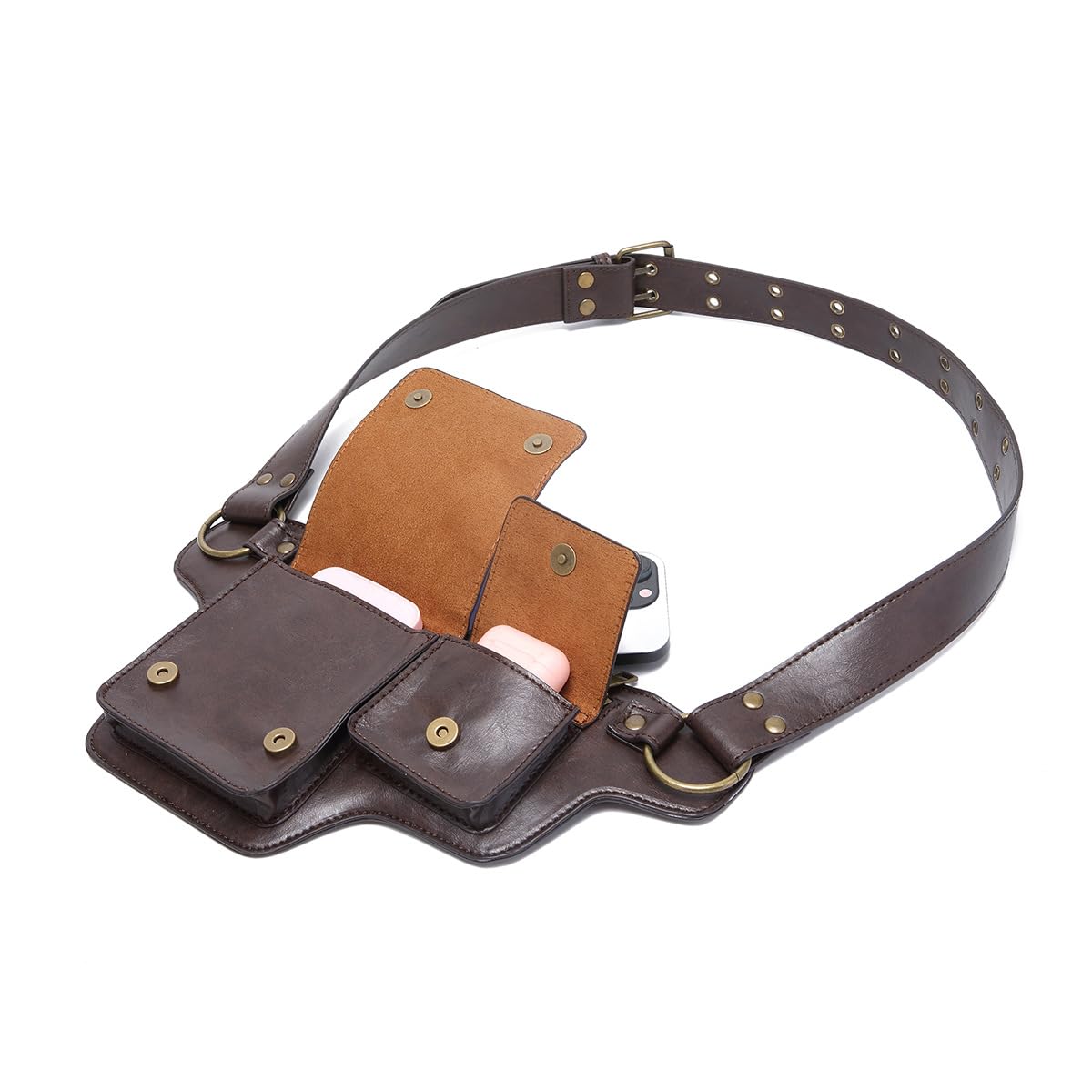 GK-O Steampunk PU Leather Hip Belt Bag for Men Women Vintage Motorcycle Waist Bag with Adjustable Strap Medieval Cosplay Utility Fanny Pack (Dark Brown)