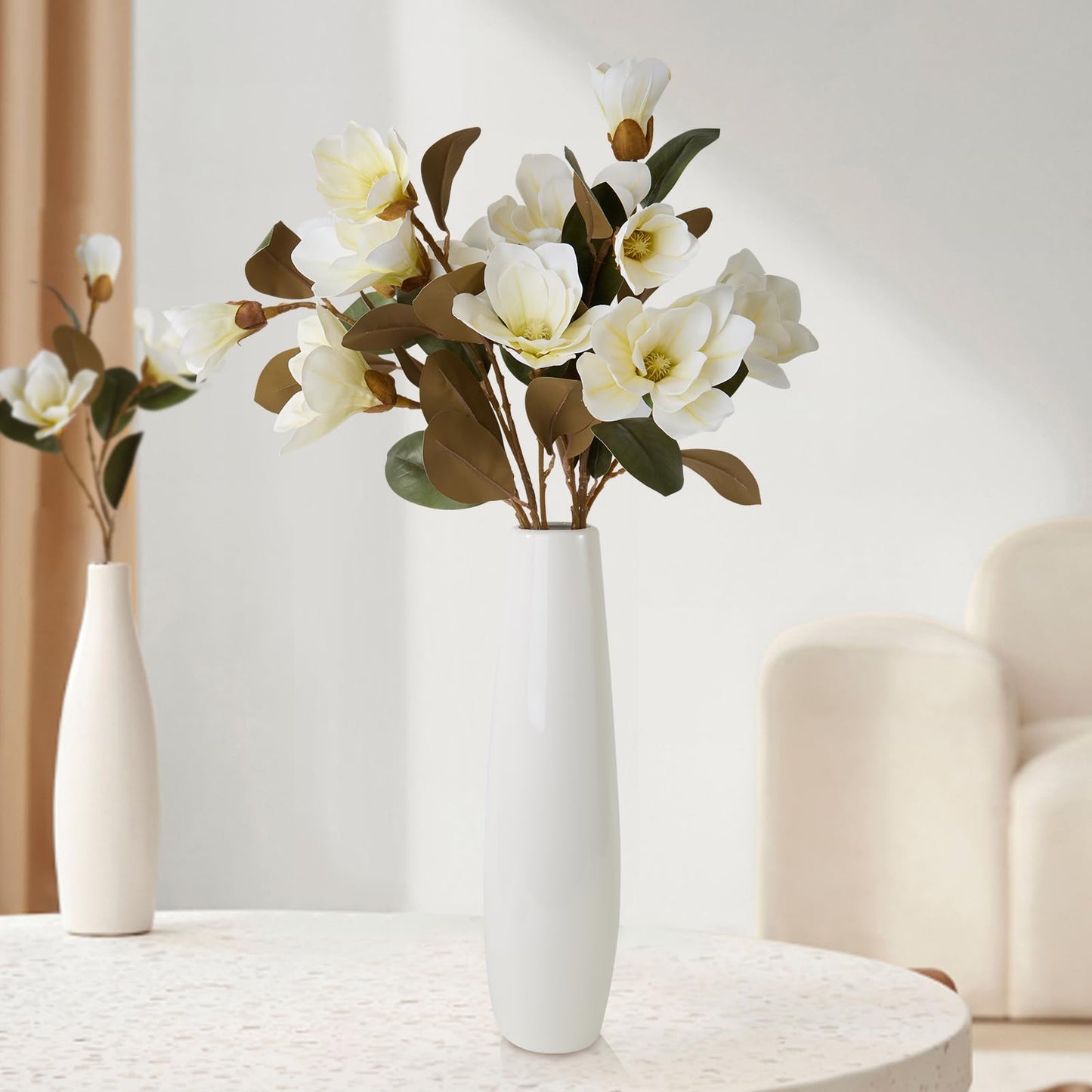2PCS 32.2inch Artificial Magnolia Flowers 3D Real Touch 6 Heads Faux Magnolia Flower Bouquets Realistic Long Stem with Green Leaves for Home Wedding Table Office Floral Arrangement Decoration (White)