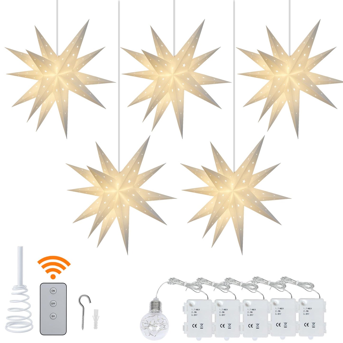 YPGFDZYDHH 5 Pack 18" Moravian Star Outdoor Light, Moravian Star Christmas Tree Topper Lighted Battery Operated, Remote Control Hanging Outdoor Star Light for Advent Courtyard, Porch-White Cutout