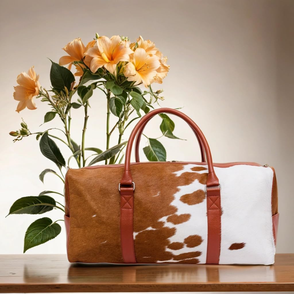 CHAYELL Cowhide Duffle Bag for Men & Women 21” - Unique Full Grain Hair-on Genuine Leather - Authentic Cow Duffle Bag with Strap Overnight Western Weekender Bag - Flight-Ready Carry-On Cow Hide Bag