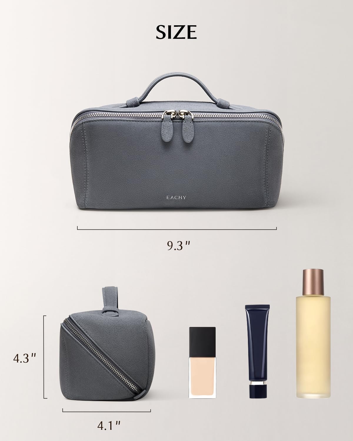 EACHY Leather Makeup Bag, Portable 180° Wide-Open Flat Cosmetic Bag for Women, Large Capacity Make Up Organizer Makeup Pouch with Divider and Handle