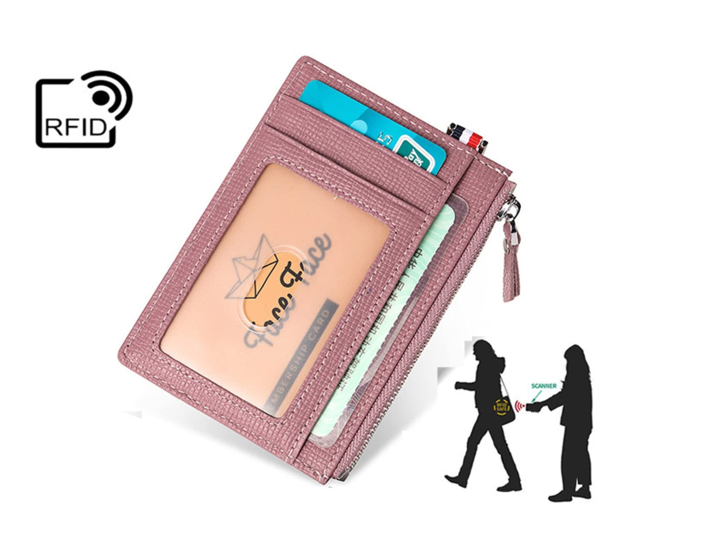 AurexaFashion Genuine Saffiano Leather Front Pokcet Slim Minimalist Wallet, ID Badge RFID Card Case with Zipped Pocket (Black Holder)