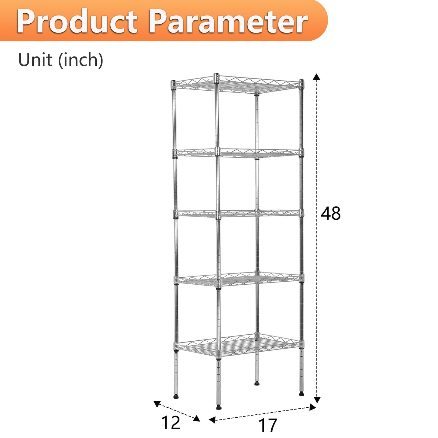 BestOffice | 5-Tier Wire Storage Shelves | 17x12x48 | Chrome | with Adjustable Racks | Heavy-Duty Metal Shelf, Holds Upto 750 lbs | No-Tool Assembly | Ideal for Home & Garage Shelving