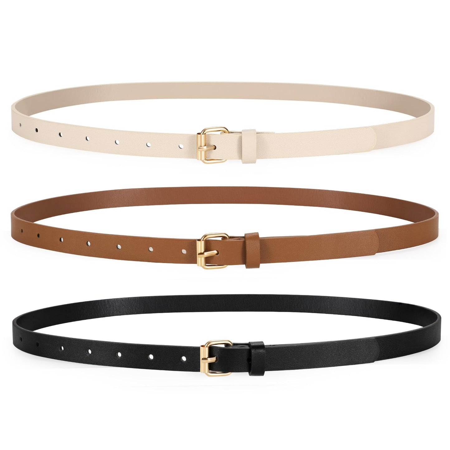 TRIWORKS 3 Pack Women Skinny Leather Belt for Jeans Pants Dress Ladies Thin Waist Belt with Gold Buckle