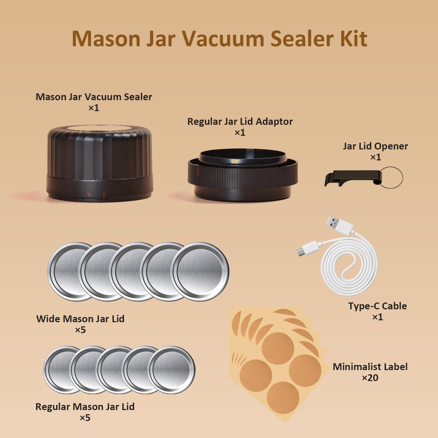 HTPOW Electric Mason Jar Vacuum Sealer - Fully Automatic Mason Jar Vacuum Sealer Kit for All Mason Jars with Regular Lids and Wide Mouth Lids, A Must-Have Tool for Canned Foods/Pantry - Black