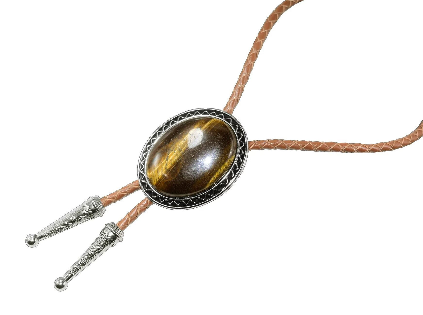 Moranse Bolo Tie with Natural Tiger Eye Stone Celtic Style Genuine and Colored Cowhide Rope