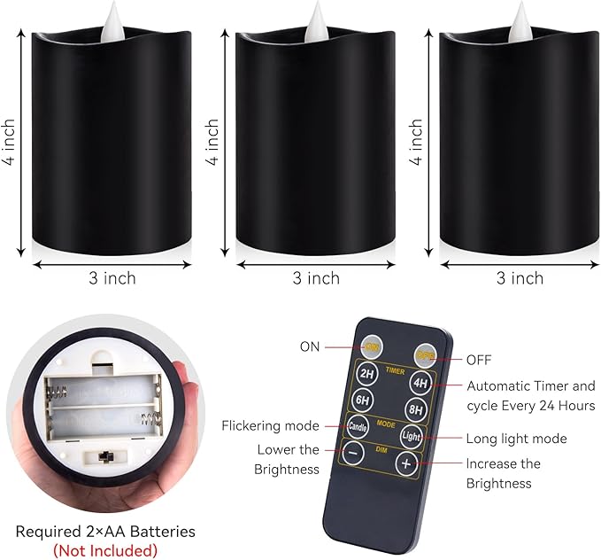 Black Pillar Flameless Candles - 3D Flickering, Remote Timer, Battery Operated, 600+ Hours, Halloween & Gothic Themed Decor (Black, 3"*4"-3pcs)