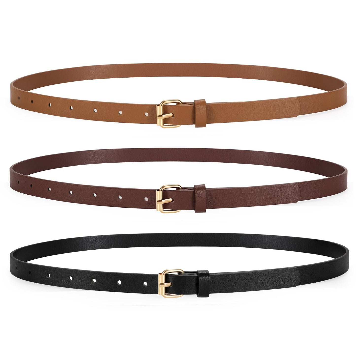 TRIWORKS 3 Pack Women Skinny Leather Belt for Jeans Pants Dress Ladies Thin Waist Belt with Gold Buckle
