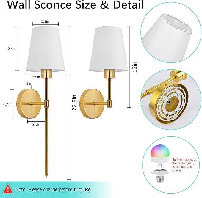 TISLYCO Battery Operated Wall Sconces Set of 2, Gold Rechargeable Wall Lamps with 2500mAh Magnet Detachable Dimmable Remote Bulbs,12 RGB Colors & 3 Color Temperatures Wireless Wall Lights for Bedroom