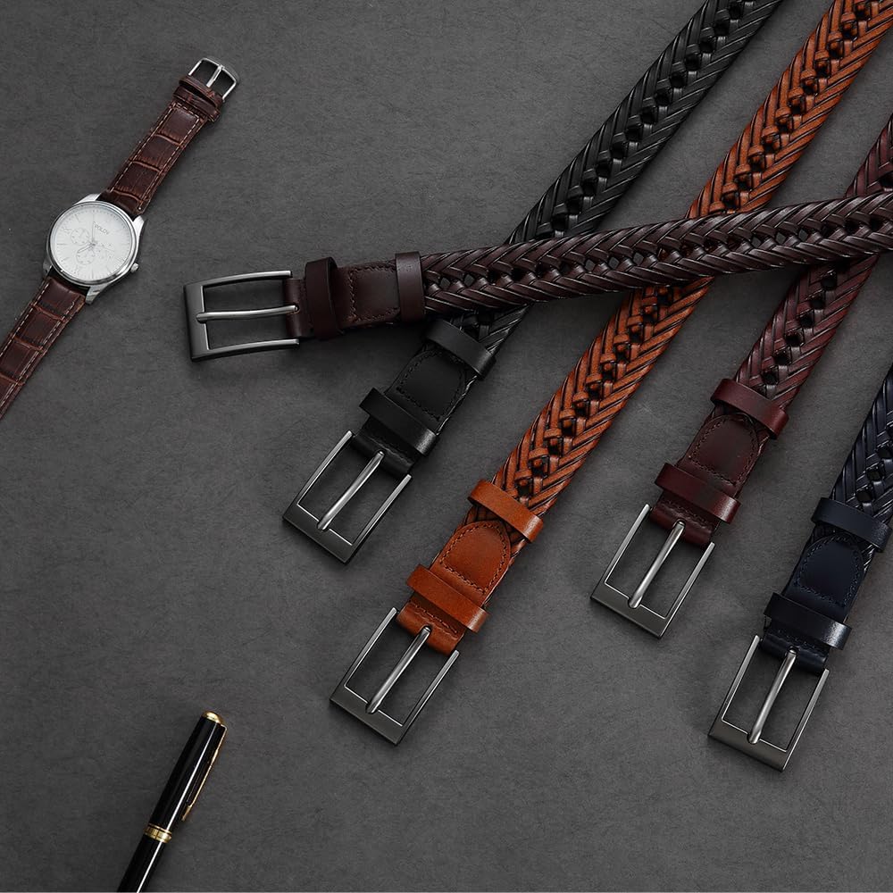 DOOPAI Men's Braided Leather Dress Belt - Comfort Fit, Adjustable Strap, Fashion Hand Woven - Brown Belt for Casual Dress Golf Jeans
