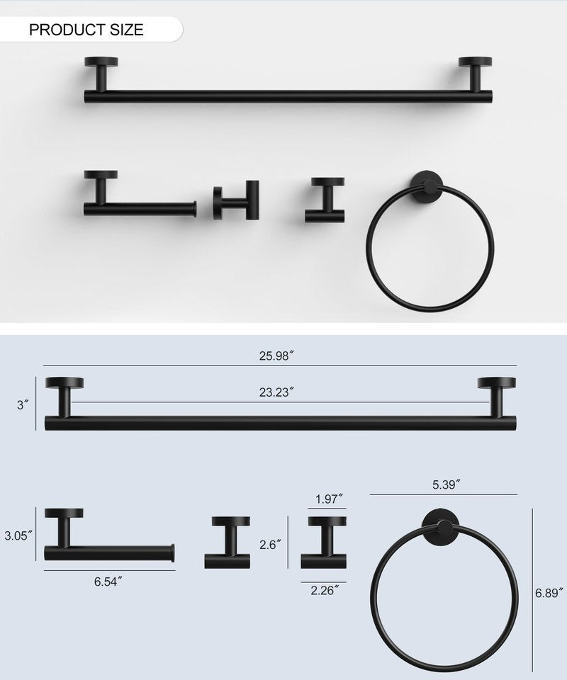Matte Black Bathroom Hardware Accessories Set 5 Pcs SUS304 Stainless Steel Towel Rack and Toilet Paper Holder Set 26 Inch Towel Bar Set Wall Mounted by HOMEMYSTIQUE