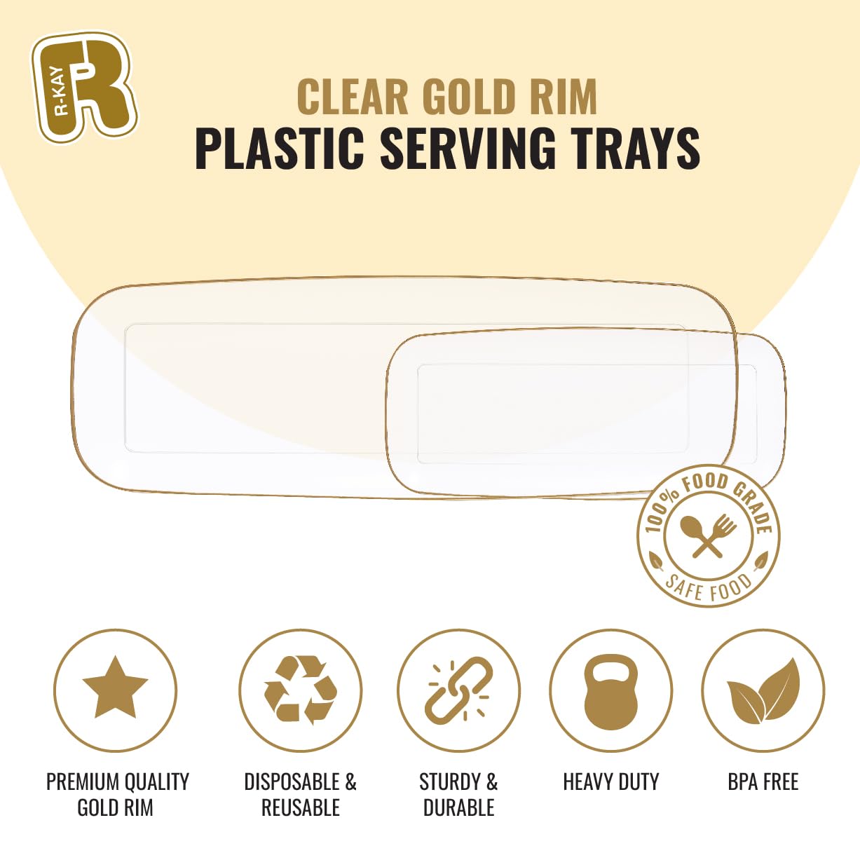 R-kay 4 Pack Plastic Serving Trays For Party - Gold Serving Tray 17 by 6.5 Inch - Heavy Duty Clear Trays For Food - Long Party Serving Trays For Entertaining - Clear Platters