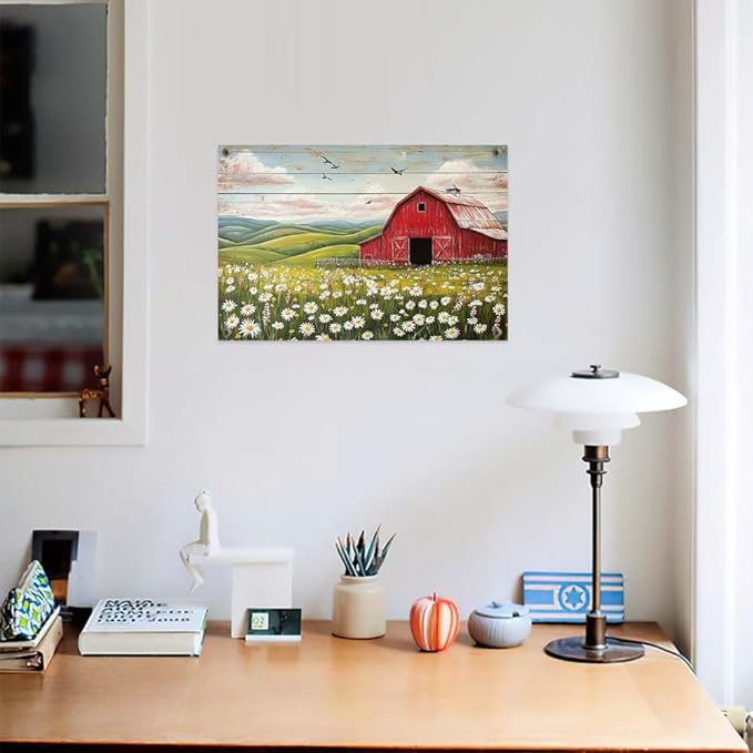 Yesad Country Red Barn Pictures, Daisy Canvas Wall Art Wildflower Meadow Poster Flower Print Rustic Farmhouse Decor Barn Painting Wall Decor Home Decoration for Living Room (Unframed,12"x8",Barn2)