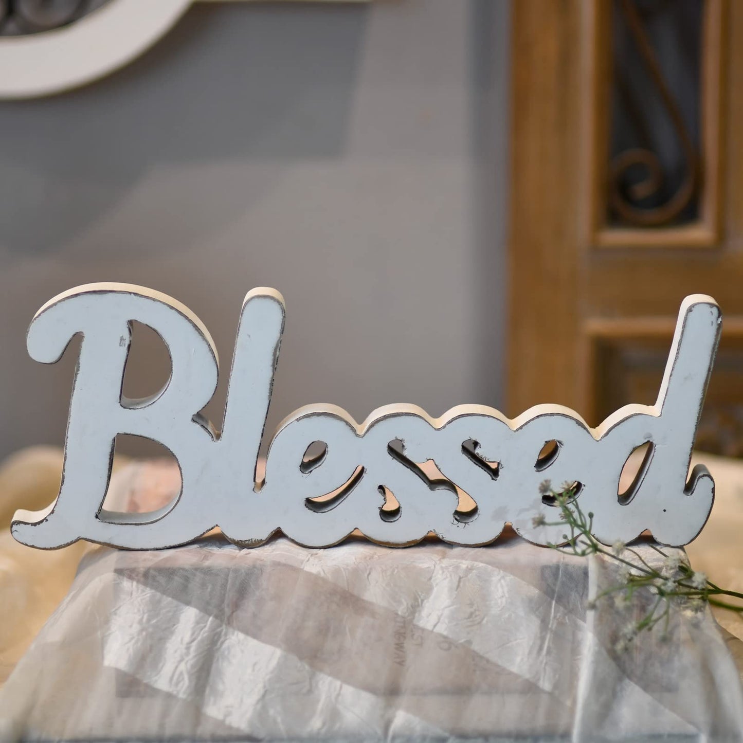 Sintosin Rustic White Wooden Blessed Sign for Tabletop 15 Inch, Wall Hanging Farmhouse Blessed Signs for Home Decor, Handmade Thanksgiving Signs Decor, Christmas Signs for Living Room Entryway