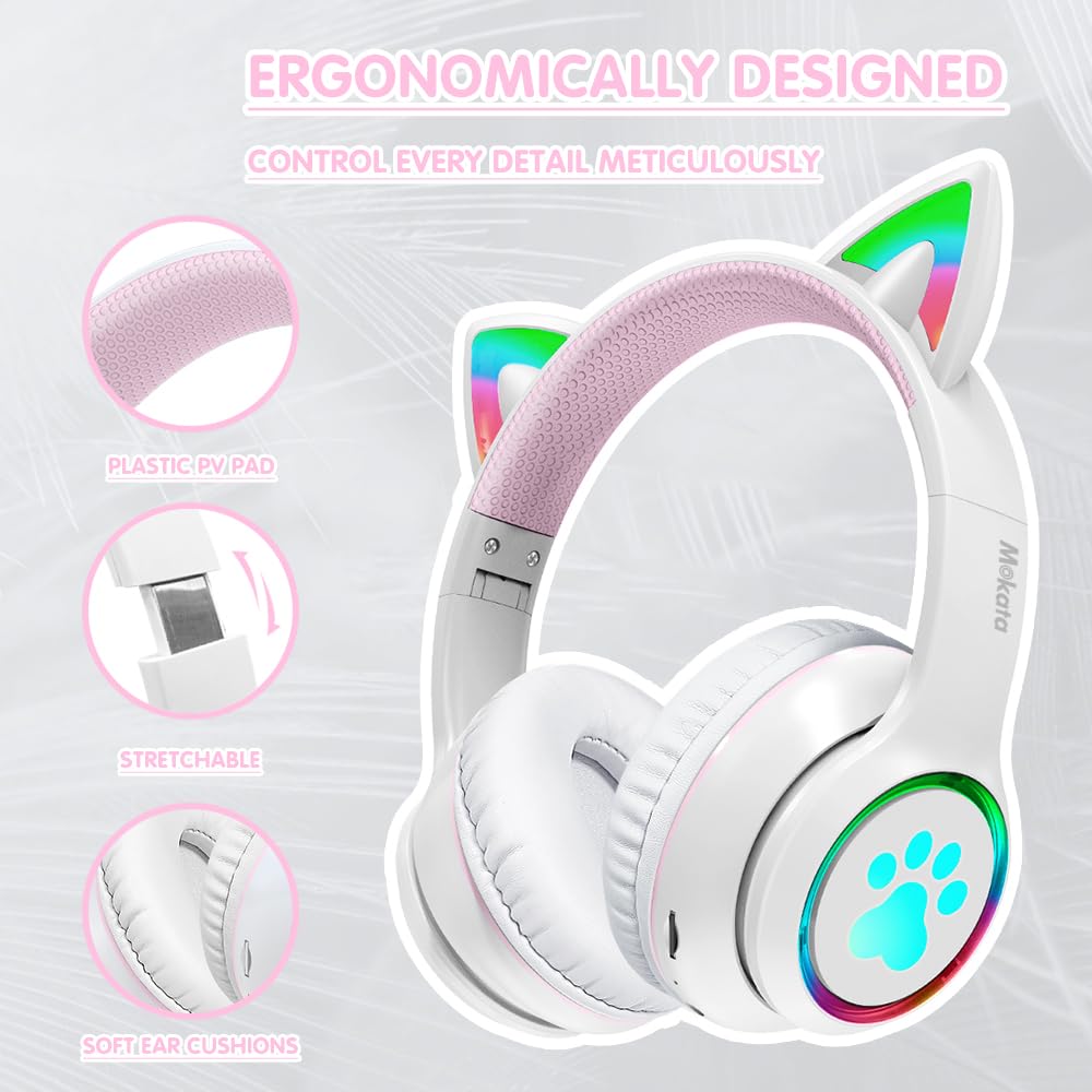 Mokata Gaming Bluetooth 5.0 Wireless Headphones Over Ear Cat Led Light Foldable Music Headset with Aux 3.5mm Microphone (Built-in) for Adult & Kids PC TV Game Music Pad Laptop Cellphone White