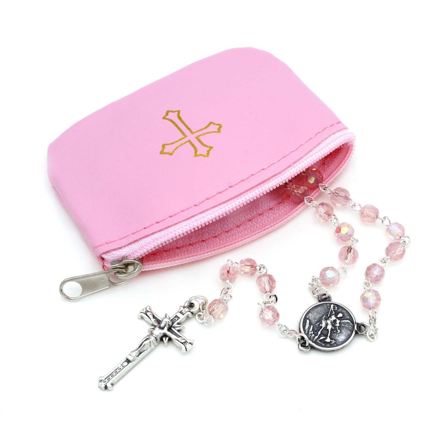 Pink Rosary Pouch with Zipper and Gold Cross Imprint for Women - Stylish Catholic Pouch, Perfect for Easter, Lent, and Religious Travel - Portable Gold Cross Rosary Holder