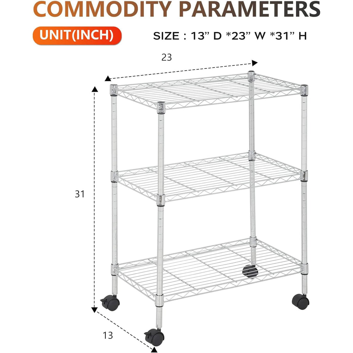 BestOffice | 3-Tier Wire Storage Shelves with Wheels | 23x13x31 | Chrome | Adjustable Racks | Heavy-Duty Metal Shelf, Holds Upto 170 lbs | No-Tool Assembly | Ideal for Home & Garage Shelving