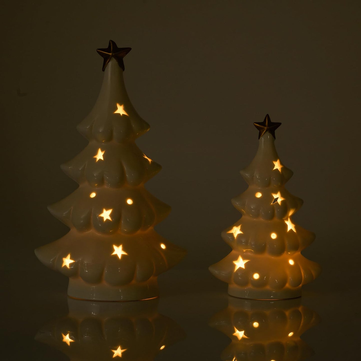 WDS WONDROUS Ceramic Christmas Tree White with Lighted Decor, 2 Pcs Christmas Trees Figurines with Lights, Small Xmas Tree with Star for Tabletop Mantel Shelf Fireplace