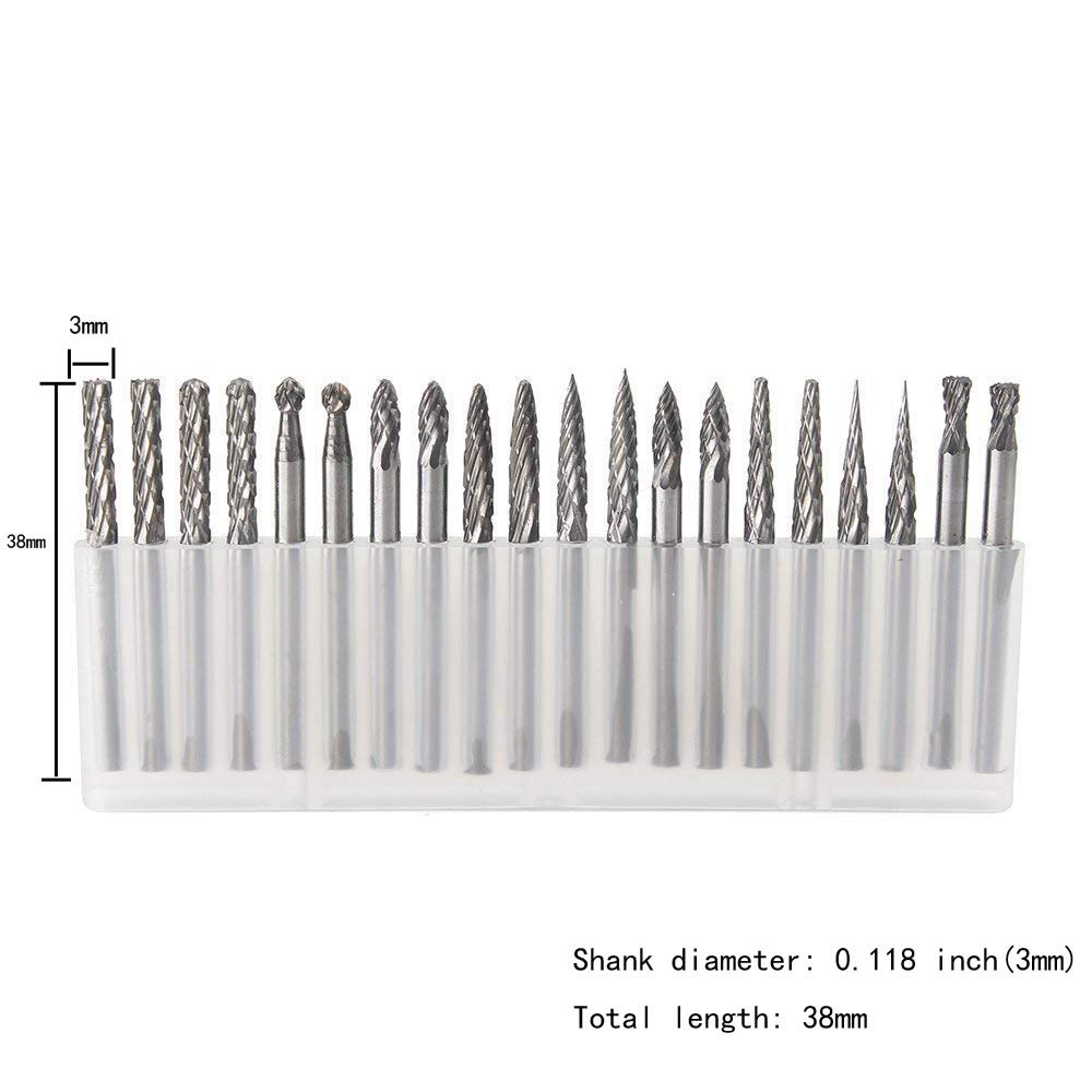 YUFUTOL 20pcs Solid Carbide Burr Set 0.118‘’(3mm)shank Tungsten Carbide Rotary Files Burrs with 3mm Cutting Head diameter Fits Most Rotary Drill Die Grinder for Woodworking,Engraving,Drilling,Carving