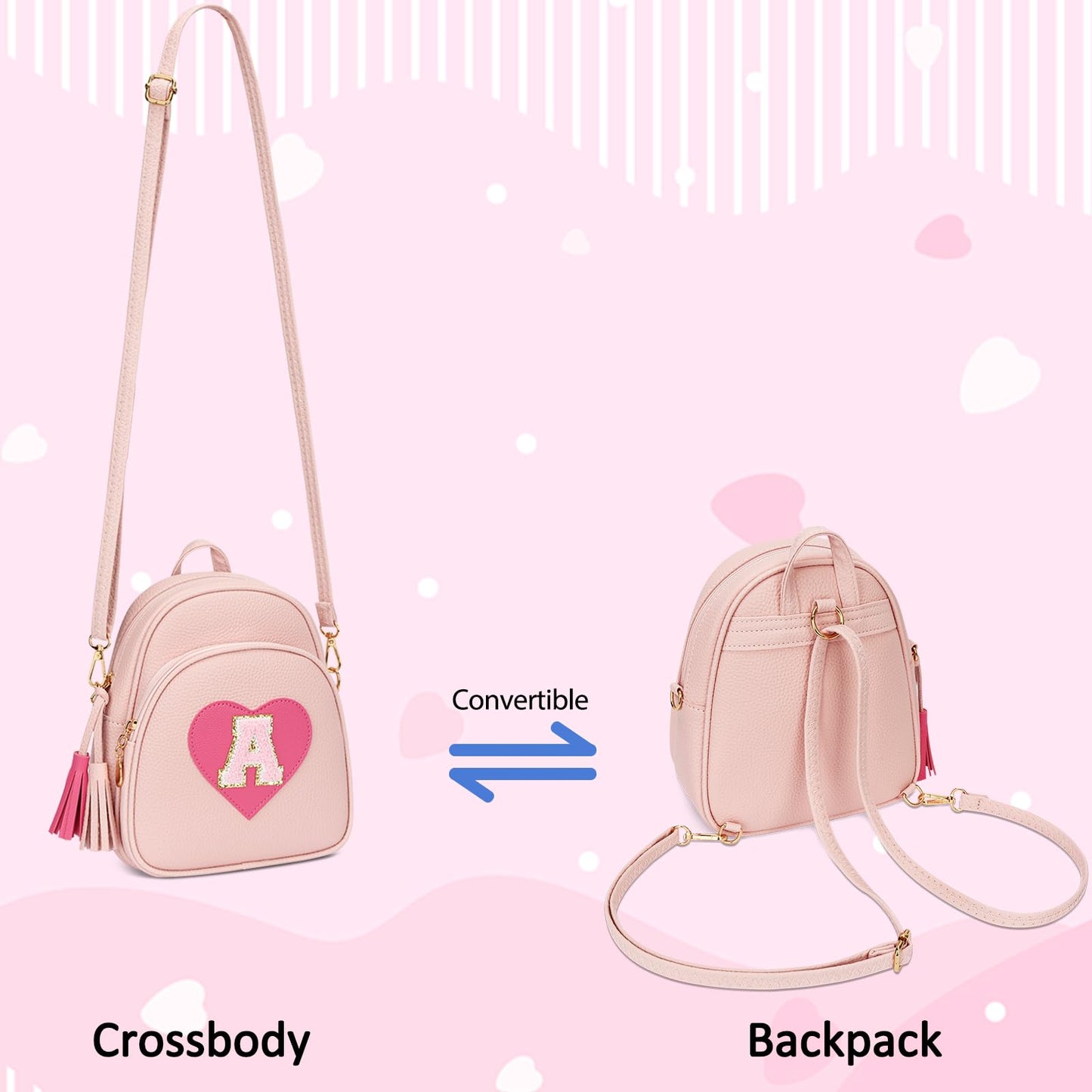 CLOUDWINGS Birthday Gifts for Kids Gifts for Girls Little Girl Initial Mini Heart Backpack Purse Crossbody Bag with Tassel,Pink-A