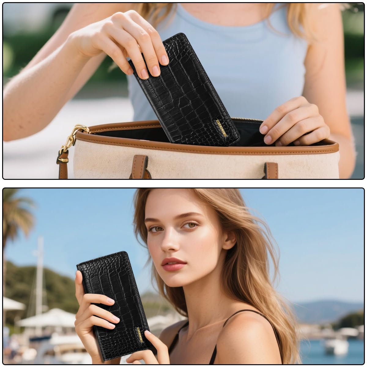 Simikol Wallet Women Bifold Faux Crocodile Leather Minimalist Slim Thin Long Wallets RFID Blocking Credit Cards Holder Purse with Back Zipper Coin Pocket for Women and Men,Black