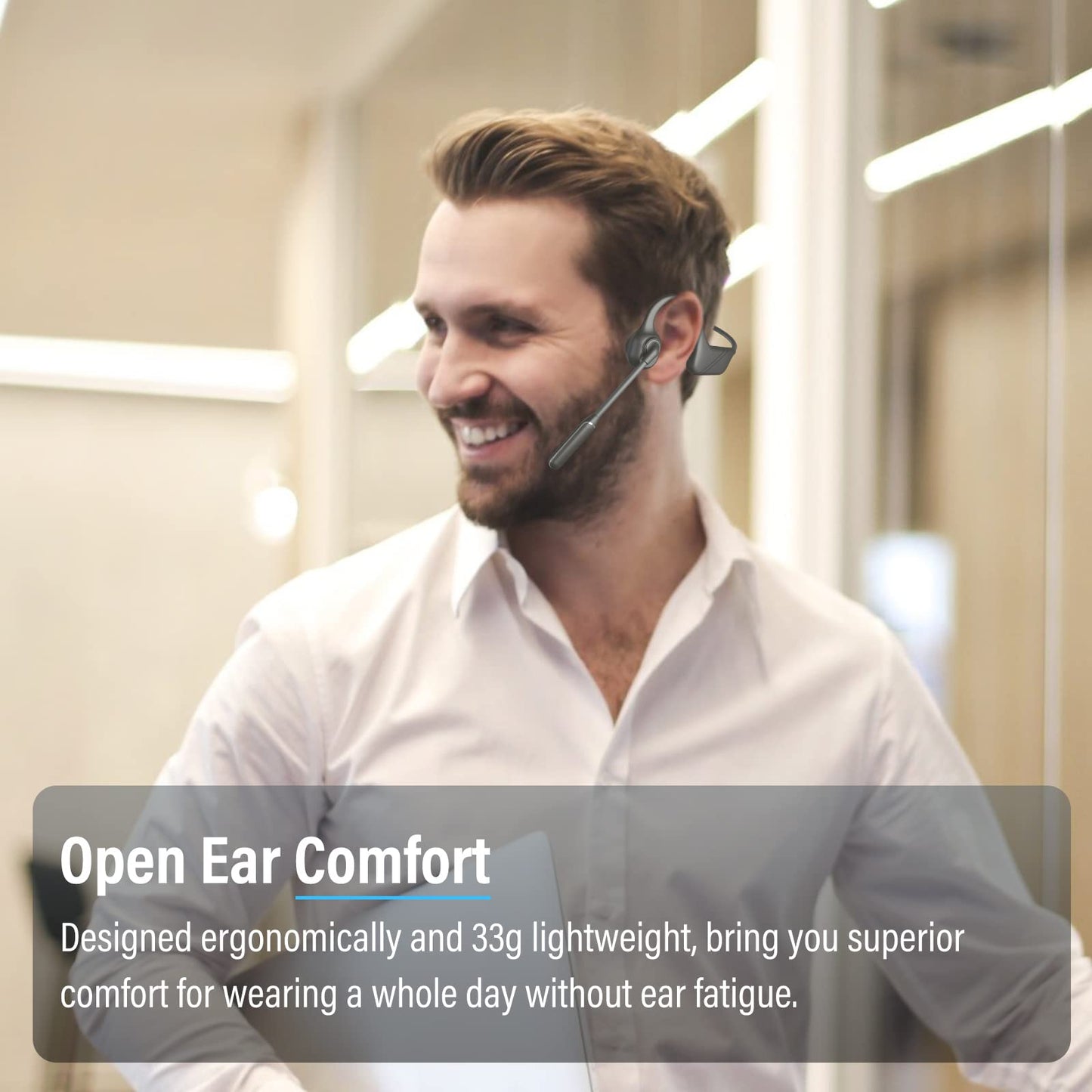 MONODEAL Bone Conduction Headphones with Mic, Bluetooth 5.3 Open Ear Headphones with Noise-Canceling Boom Microphone, Wireless Headset Earphones for Work, Driving, Home Office Commercial