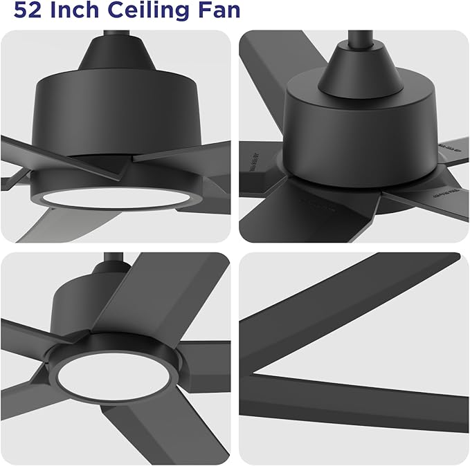 ocioc Ceiling Fans with Lights, 52 inch Black Ceiling Fan with Light and Remote Control, 3CCT, Quiet DC Motor, 5 Blades Modern Ceiling Fan for Living Room Farmhouse Bedroom