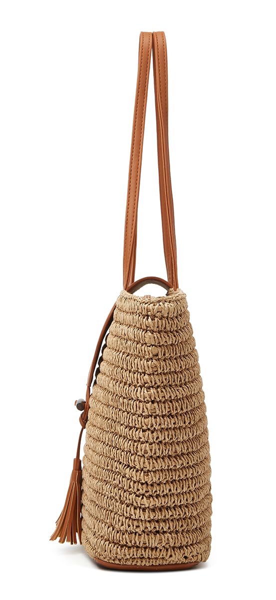 Summer Hand-woven Straw Shoulder Bags for Women Large Woven Beach Tote Purse Vacation Top Handle Handbags with Tassel