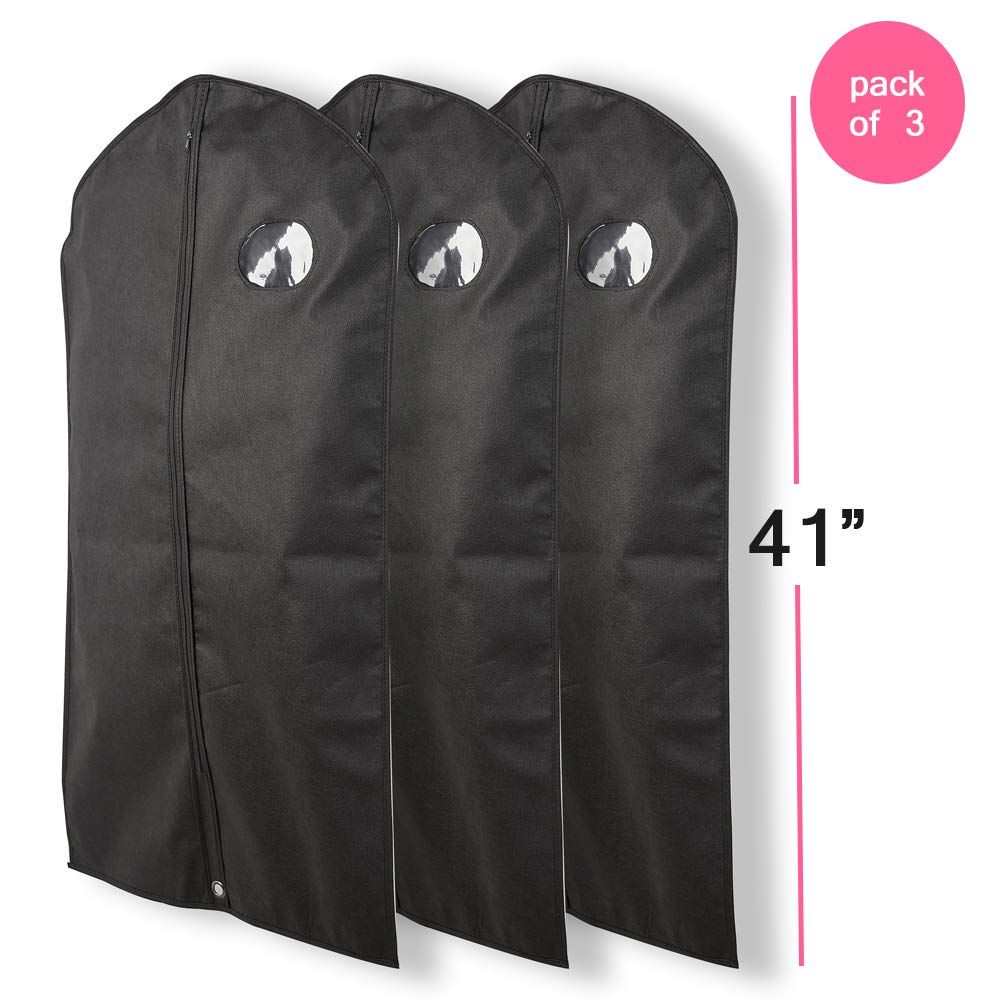 Pack of 3, 41 Inches Black Hanging Breathable Suit Garment Bags for Mens Closet,Jacket,Short Dress,Suit Travel, protector or Storage