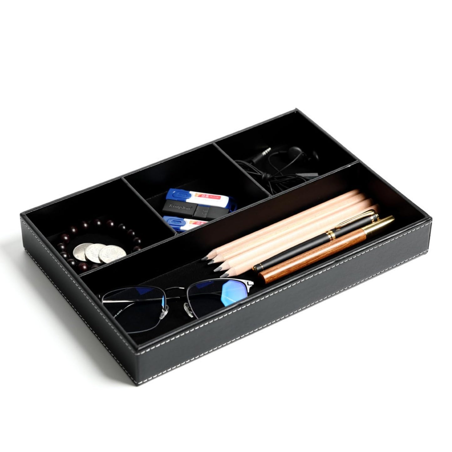 OIWTLIFE PU Leather Valet Tray, Stackable 4-Compartment Organizer for Men, Nightstand Dresser Tray for Keys, Wallet, Watch, Sunglasses, Phone (Black)