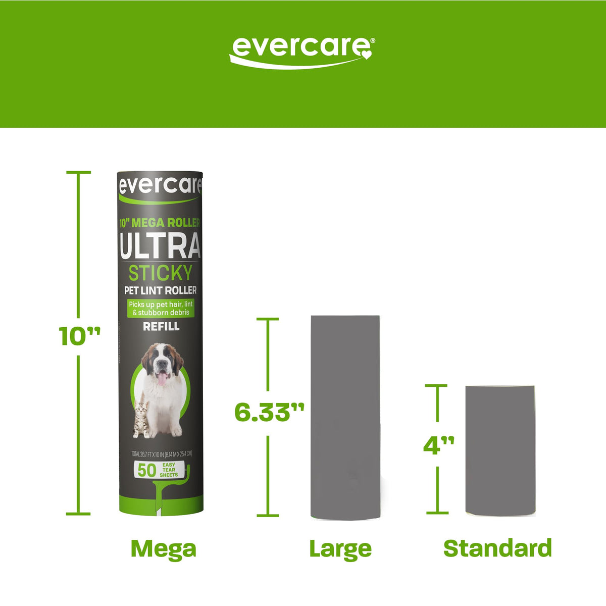Evercare 10” Mega All-Purpose Pet Hair Lint Roller Refills, 3 Pack, 50 Sheets Each – Sticky Roller for Pet Hair, Cat & Dog Hair Remover, Lint Remover, Pet Hair Remover for Furniture, Clothing & Cars