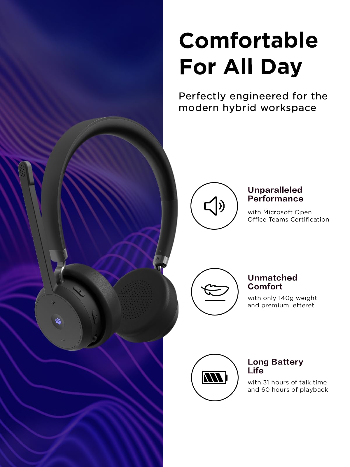Lenovo Wireless VoIP Headset Teams Certified, Noise-Canceling Mic, Bluetooth 5.3 Multipoint, USB-A Receiver, 31-Hour Talk & 60-Hour Playback, Lightweight Over-Ear Design, Replaceable Earcups