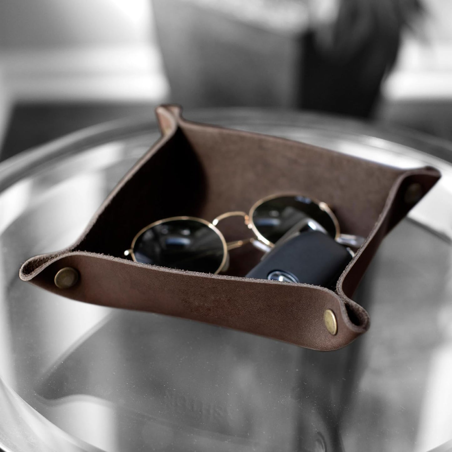 Genuine Leather Valet Tray | Desk Organizer | Catchall | Full Grain Leather Tray | Dimensions 6 x 6 x 1.75” Made in the USA