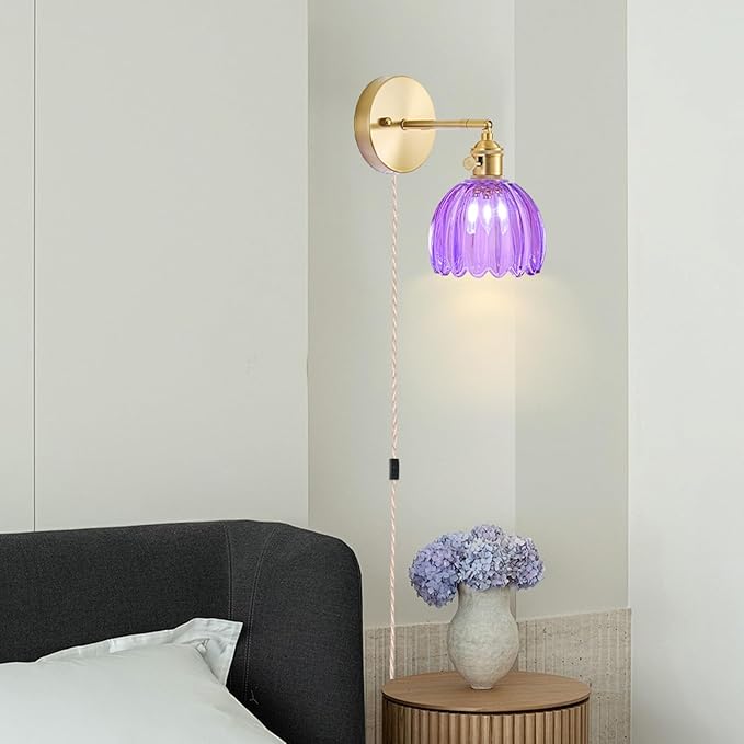 Plug in Wall Sconces Set of 2, Vintage Wall Sconce Light with Tulip Purple Glass Lampshade, 180° Adjustable Wall Sconce with Switch and Plug in wall lamp Cord, Gold Wall Light Wall Decor Set of 2