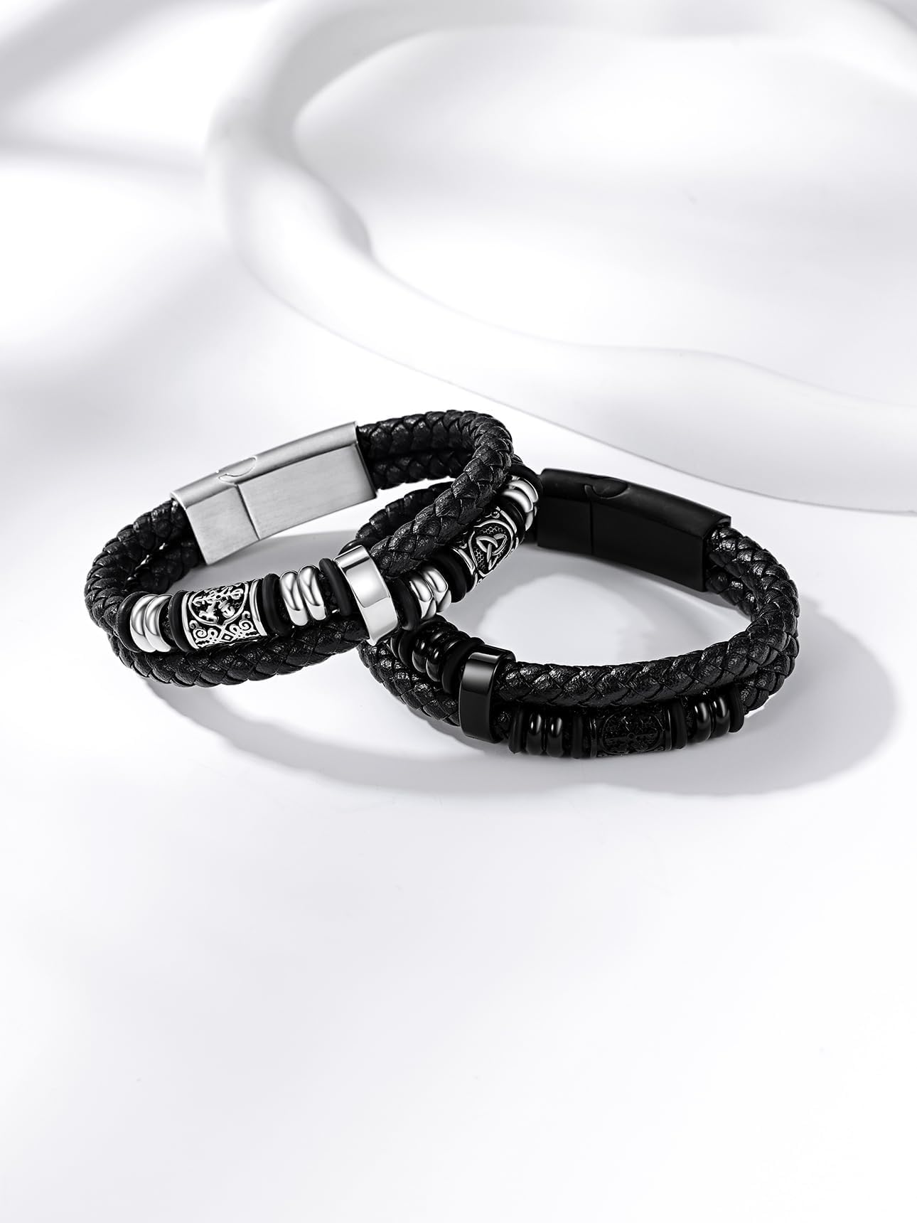 Bestyle Black Leather Bracelet for Men Double Layer Mens Leather Celtic Bracelets with Lucky Beads, Fashion Punk Retro Men Wristband Leather Bracelet Great Gift for Father Husband, 23cm/9.1 Inch