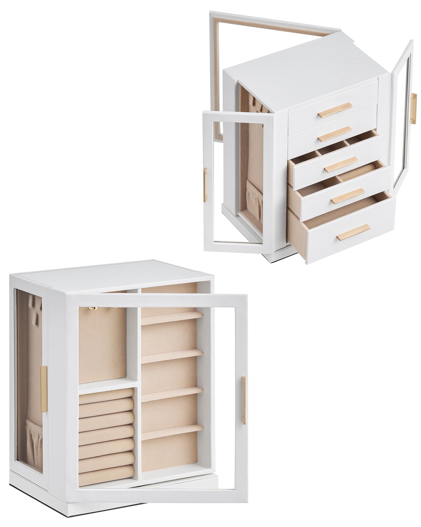 Glimmloop 360° Rotating Jewelry Box with 5 Drawers, Spacious Vertical Jewelry Organizer with Glass Window, Jewelry Storage Case, Dustproof & Moisture-resistant Design, White