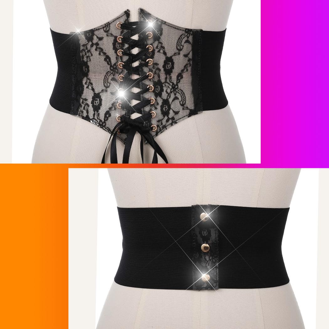 BODIY Women Lace Corset Belts Elastic Cinch Belt Tied Waspie Wide Waist Bustiers for Dress (Black)