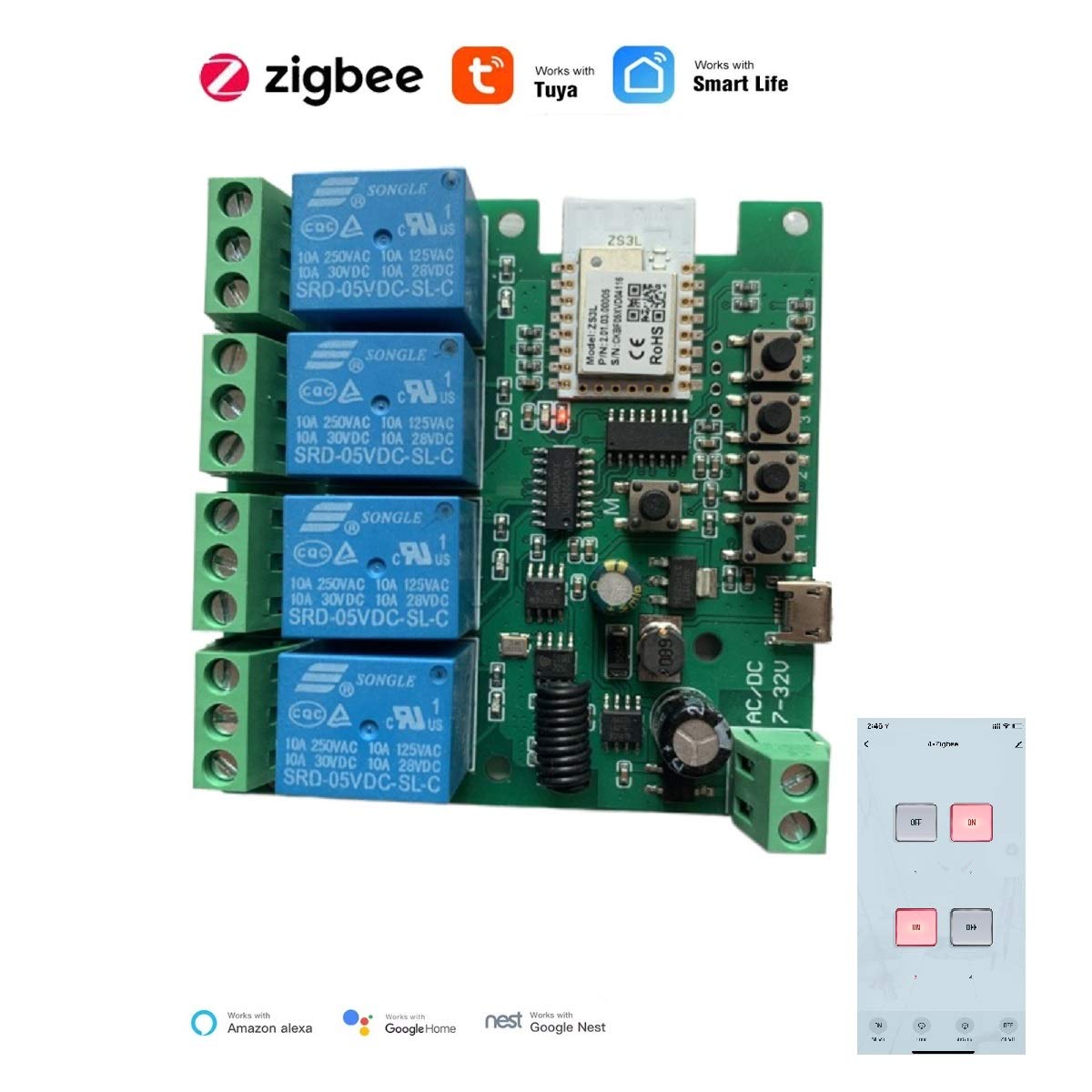 MHCOZY 4 Channel 12V ZigBee Relay Switch with Clean Contact, Adjustable Self-Lock and Momentary Interlock Working Mode,Automate Garage Gate Door Blind(Zigbee Hub Needed)