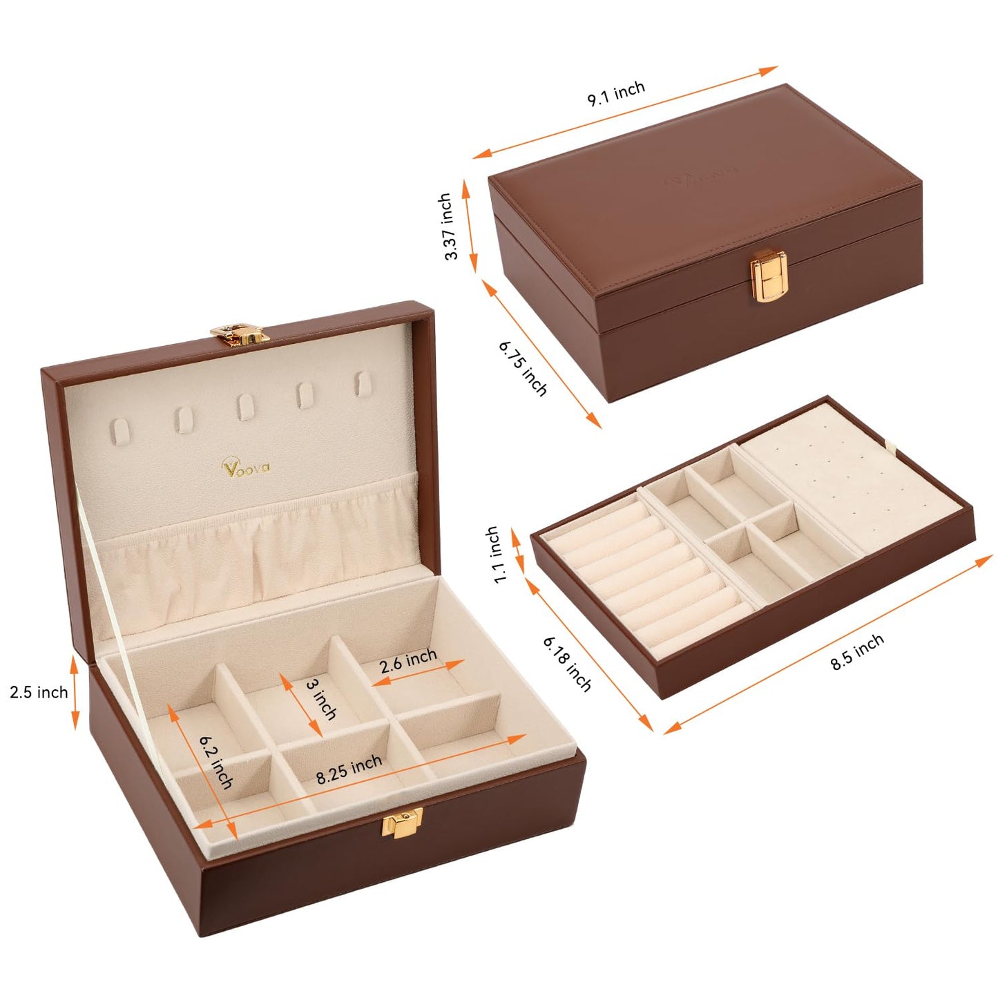 Voova Jewelry Box Organizer for Women Girls, 2 Layer Large Men Jewelry Storage Case, PU Leather Display Jewellery Holder with Removable Tray for Necklace Earrings Rings Bracelets, Caramel Brown