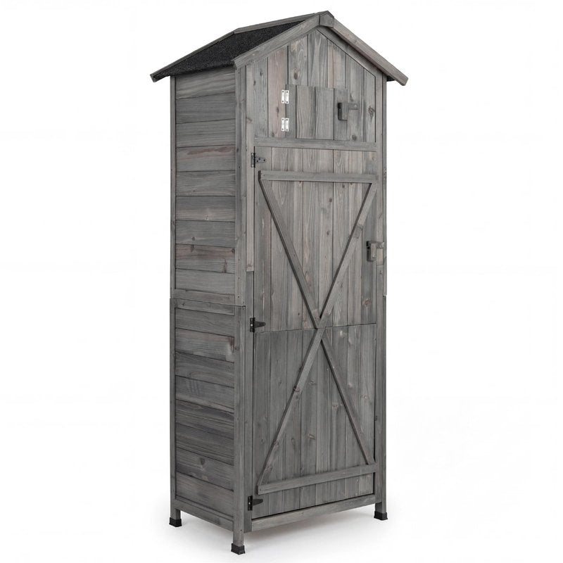 IRONMAX Outdoor Wooden Storage Shed, 70 Inches Outside Vertical Tool Storage Cabinet w/Folding Table & Removable Shelves, Tall Wood Garden Shed for Patio, Deck, Backyard, Lawn (Grey, 30“x20”x70”)
