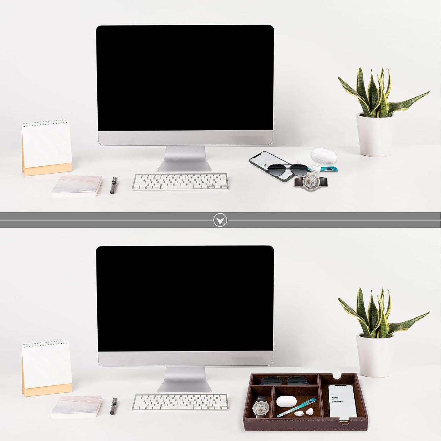 Mens Valet Tray for Nightstand Bedside and Entry Table Faux Leather Catchall Tray for Phone,Watch,Glasses,Wallet,Jewelry and Keys Dresser Organizer Valet Charging Station Gifts for Dad (All Brown)