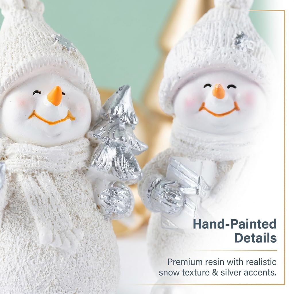 Brizoria Snowman Figurines Set of 2 White Resin Christmas Decorations with Silver Accents Winter Mantel Decor and Holiday Centerpieces for Table Home Indoor Tiered Tray Room Display