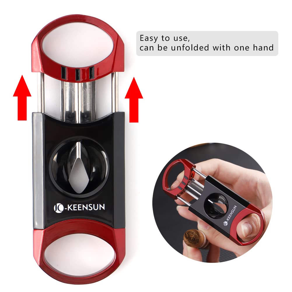 KEENSUN Zinc Alloy V-Cut Cigar Cutter (Red and Black), 60 Ring Gauge, 420J2 Stainless Steel V-Cut Blade & Cigar Holder (2 in 1) in Gift Box