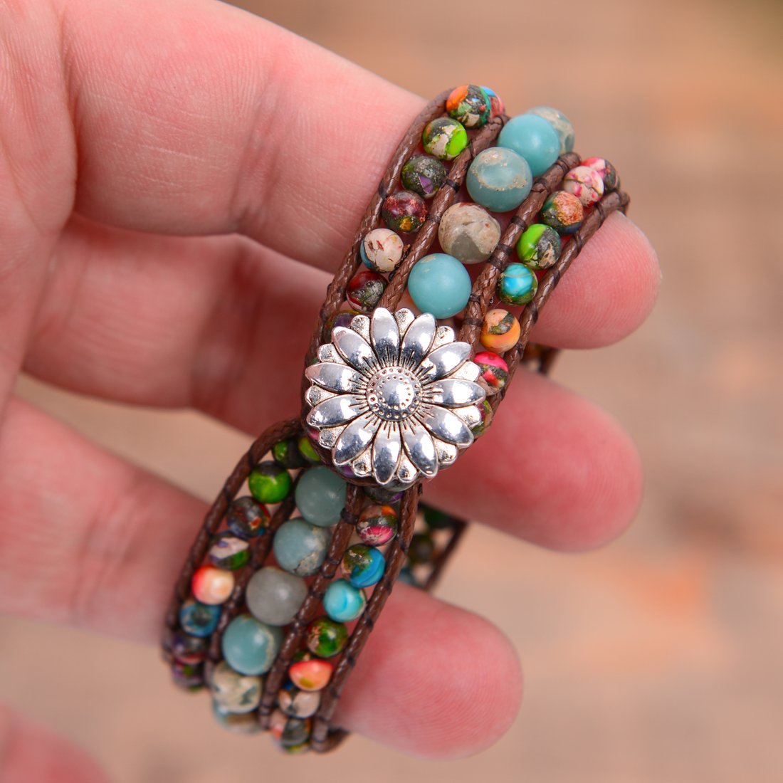 YGLINE Boho Handmade Natural Stone Bead 3 Row Wide Wrap Wrist Statment Bracelet Jewelry Collection (regalite &agalmatolite)