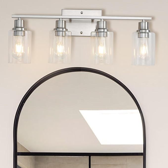 Modern Wall Lighting 4-Lights Brushed Nickel Wall Lamp Fixtures,24" Vintage Wall Sconces with Clear Glass Shades, Farmhouse Bathroom Vanity Light for Mirror,Bedroom,Living Room