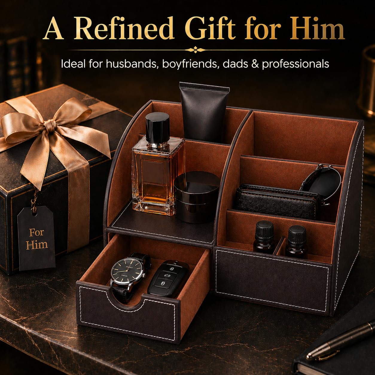 KINGFOM Cologne Organizer for Men, PU Leather Dresser Organizer with Drawer, Countertop Cologne Holder for Watch, Wallet, Keys, Sunglasses, Bathroom Bedroom Nightstand Organizer, Gifts for Men Brown